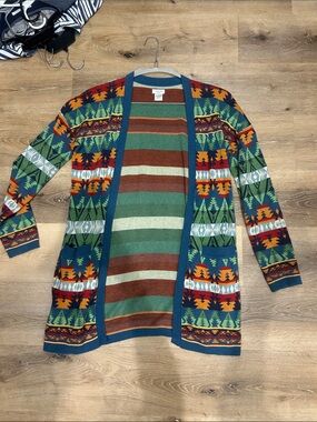 Tasha Polizzi Teal Green Rust Multi Open-Front Aztec Cardigan